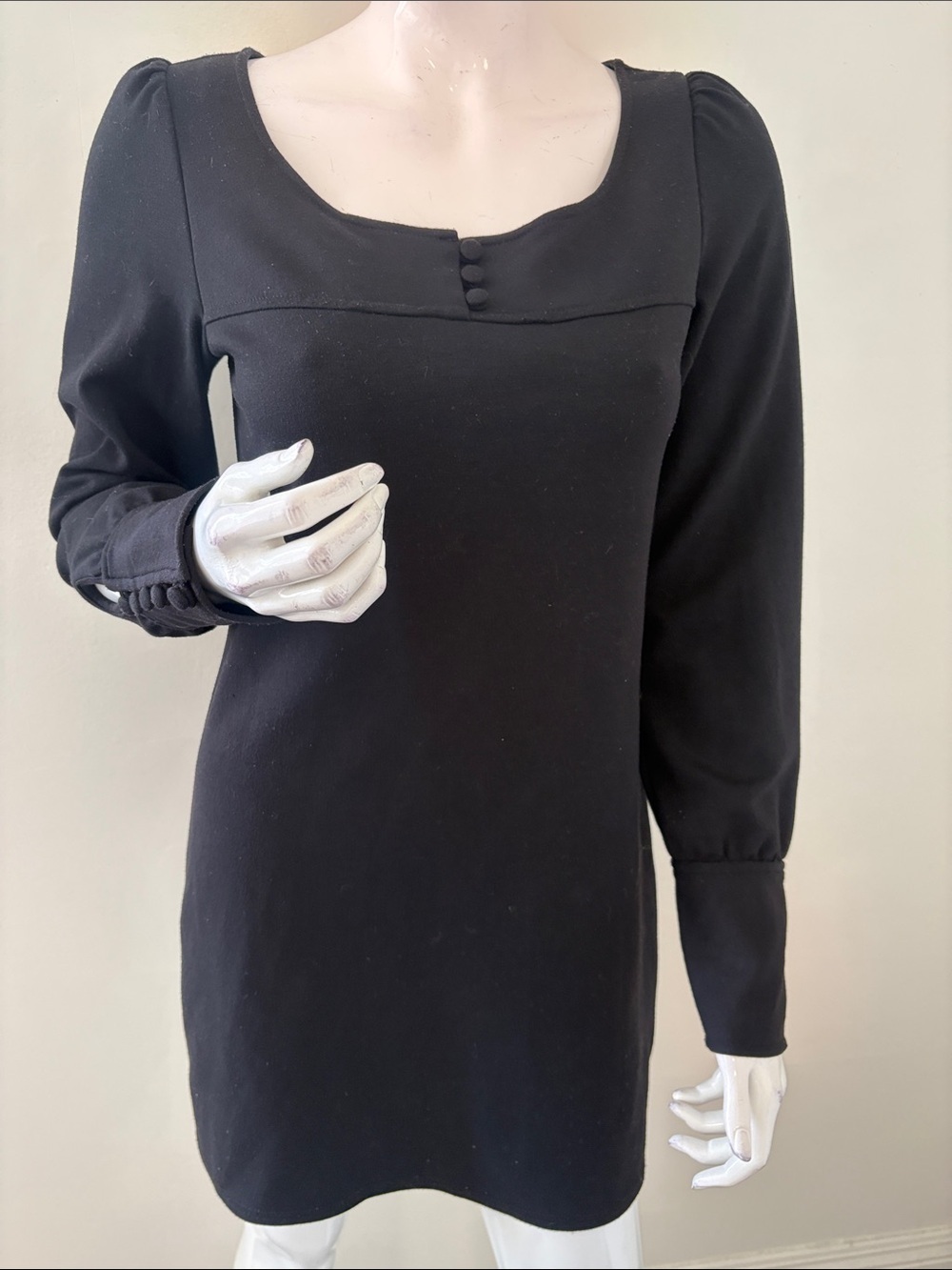 Vintage Guess Black Long-Sleeve Puff Shoulder 60’s Style Mini Dress Button Cuffs